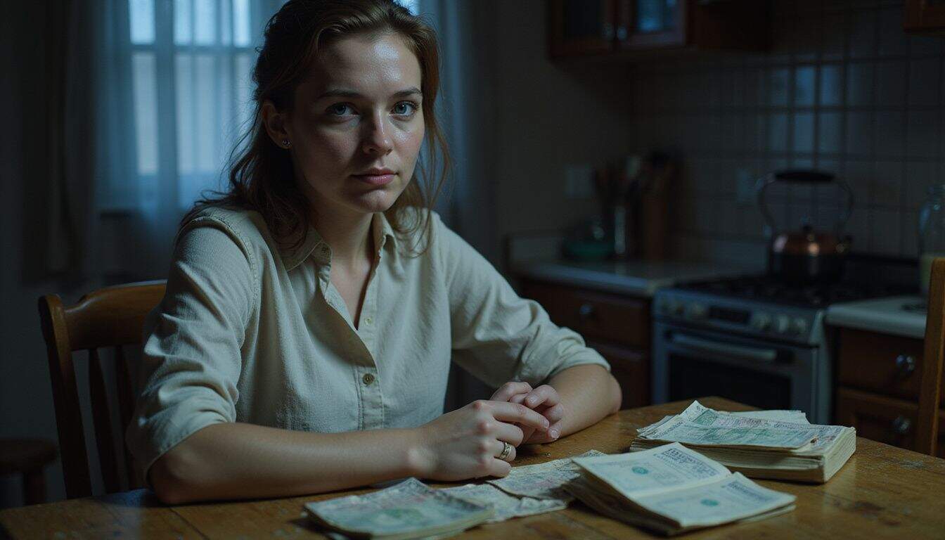 A tired mother sits at a kitchen table with bills and parenting books, lost in thought. A tired mother sits at a kitchen table with bills and parenting books, lost in thought.