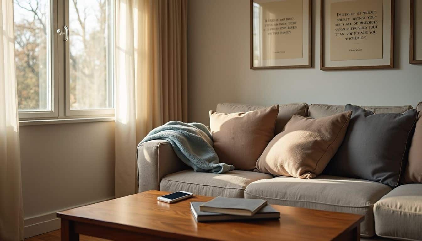 A cozy living room with a sunlit armchair, books, and family photos. A cozy living room with a sunlit armchair, books, and family photos.