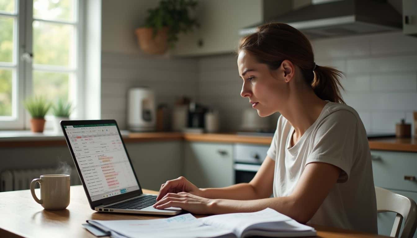 A young woman works on budgeting at a wooden kitchen table with a laptop and financial documents. A young woman works on budgeting at a wooden kitchen table with a laptop and financial documents.