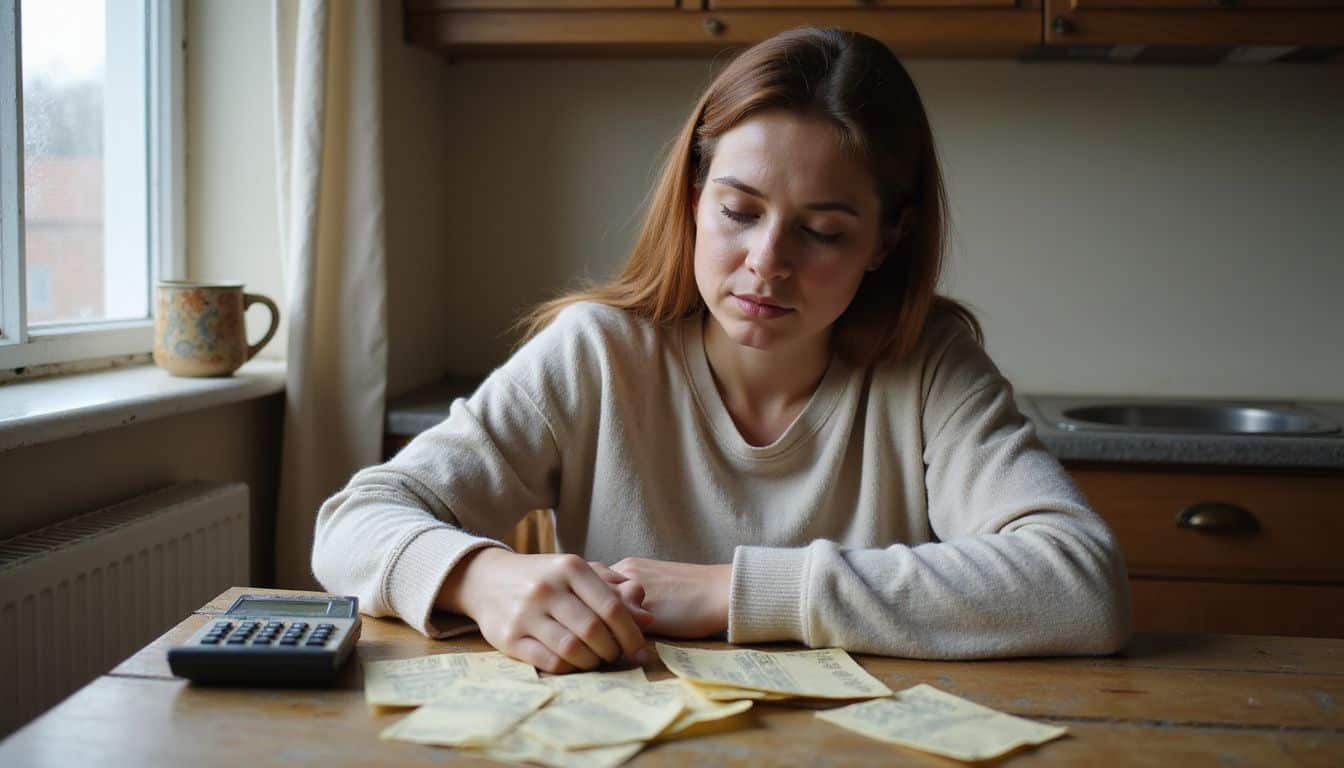 A tired woman sits at a cluttered kitchen table, surrounded by overdue bills and a half-full mug. A tired woman sits at a cluttered kitchen table, surrounded by overdue bills and a half-full mug.