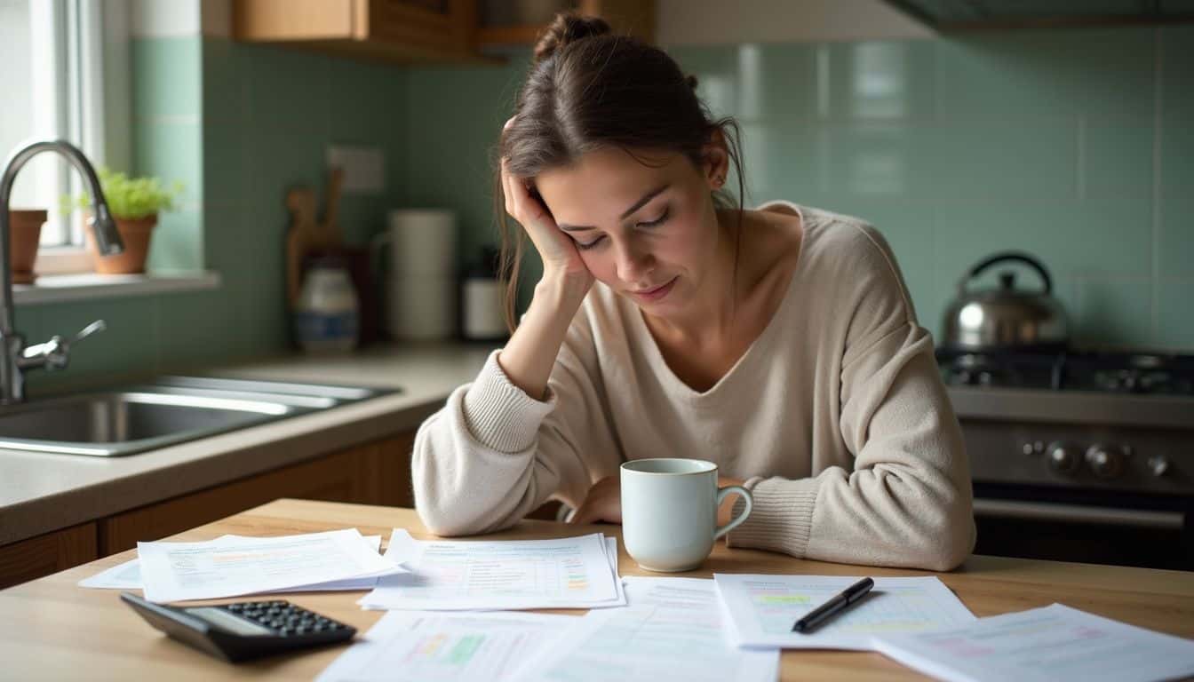 A single mother sits at her kitchen table, surrounded by papers and schedules, with a determined look on her face. A single mother sits at her kitchen table, surrounded by papers and schedules, with a determined look on her face.