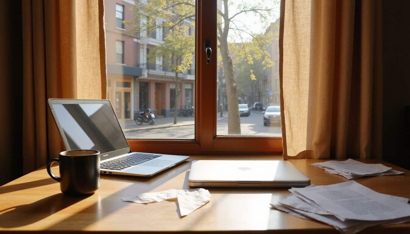 A cozy home office desk with scattered papers, an open laptop, and a warm, inviting atmosphere. A cozy home office desk with scattered papers, an open laptop, and a warm, inviting atmosphere.