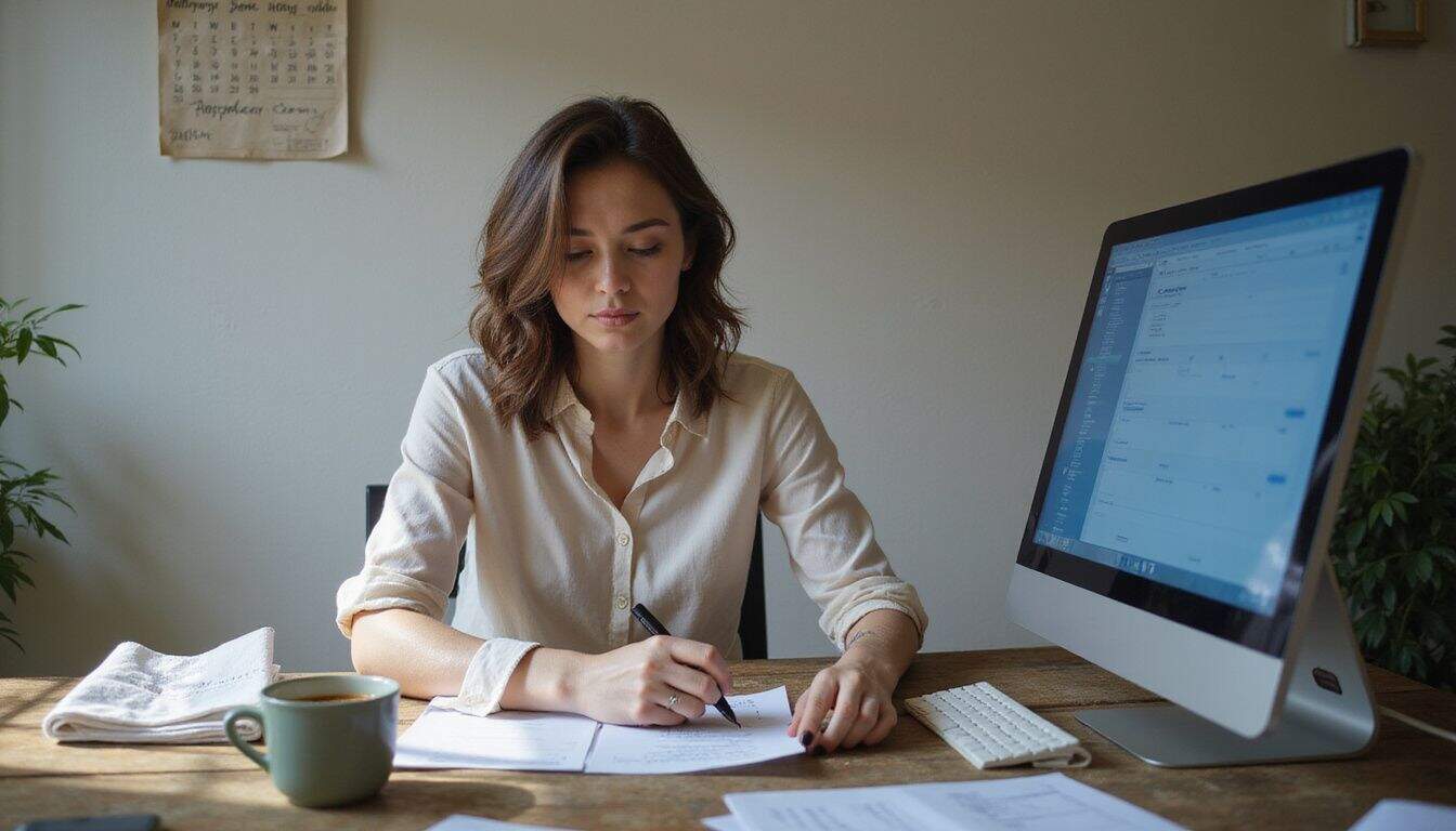 A woman sits at a cluttered table, working on financial documents with a computer and coffee. A woman sits at a cluttered table, working on financial documents with a computer and coffee.