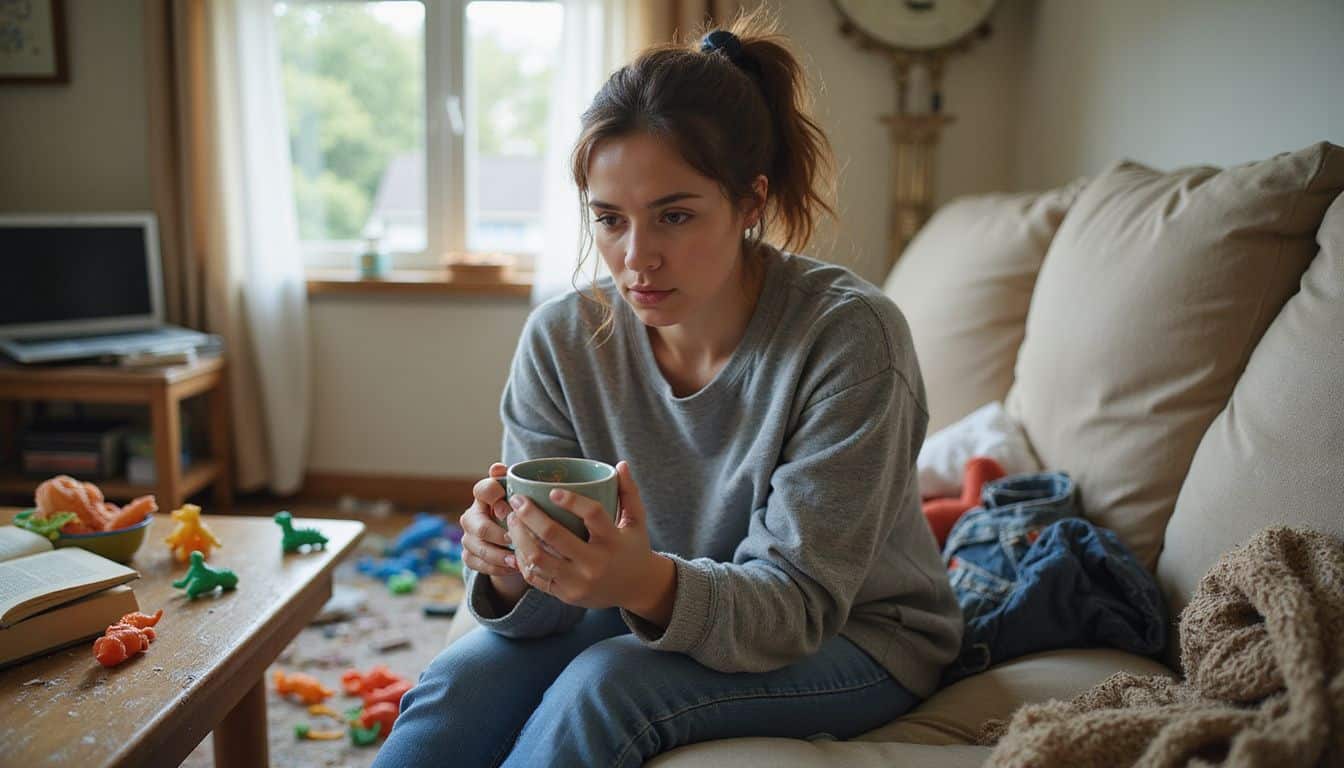 A determined single mother finds solace in a cluttered living room, balancing a smartphone and cradling a steaming mug. A determined single mother finds solace in a cluttered living room, balancing a smartphone and cradling a steaming mug.