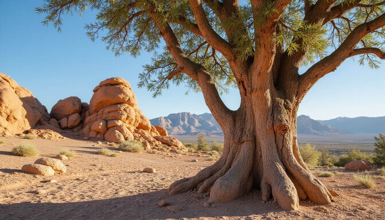 A solitary, mature tree stands firm in a rugged desert landscape, displaying quiet resilience and growth. A solitary, mature tree stands firm in a rugged desert landscape, displaying quiet resilience and growth.
