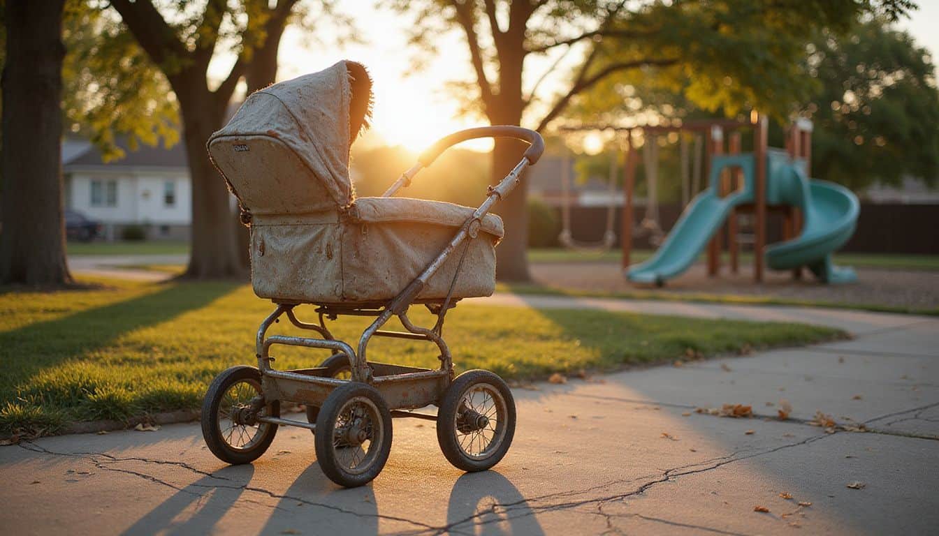 A weathered stroller sits outside a suburban playground at sunset, showing signs of age and use. A weathered stroller sits outside a suburban playground at sunset, showing signs of age and use.