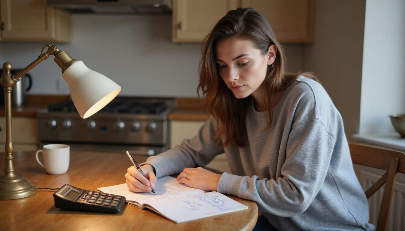 A woman in her 30s sits at a kitchen table, carefully managing her monthly budget. A woman in her 30s sits at a kitchen table, carefully managing her monthly budget.