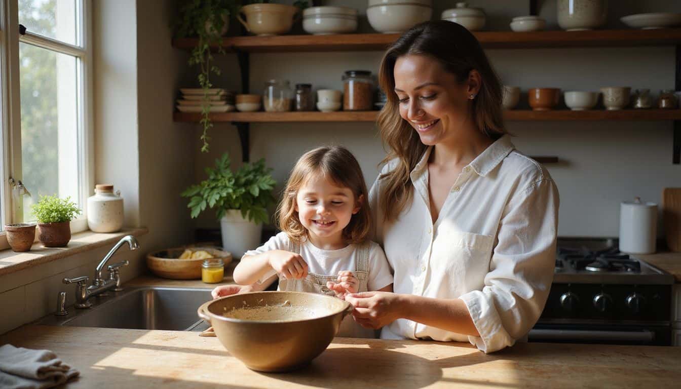 A woman and her young daughter enjoy a warm, intimate moment in their cozy, lived-in kitchen. A woman and her young daughter enjoy a warm, intimate moment in their cozy, lived-in kitchen.