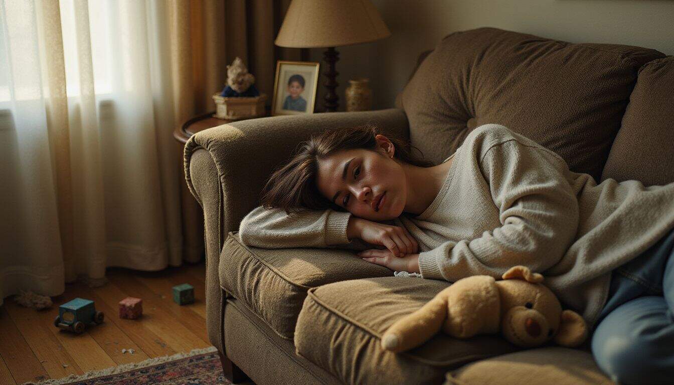 A tired mother sits amidst scattered toys, her expression reflecting quiet resilience in a lived-in home. A tired mother sits amidst scattered toys, her expression reflecting quiet resilience in a lived-in home.