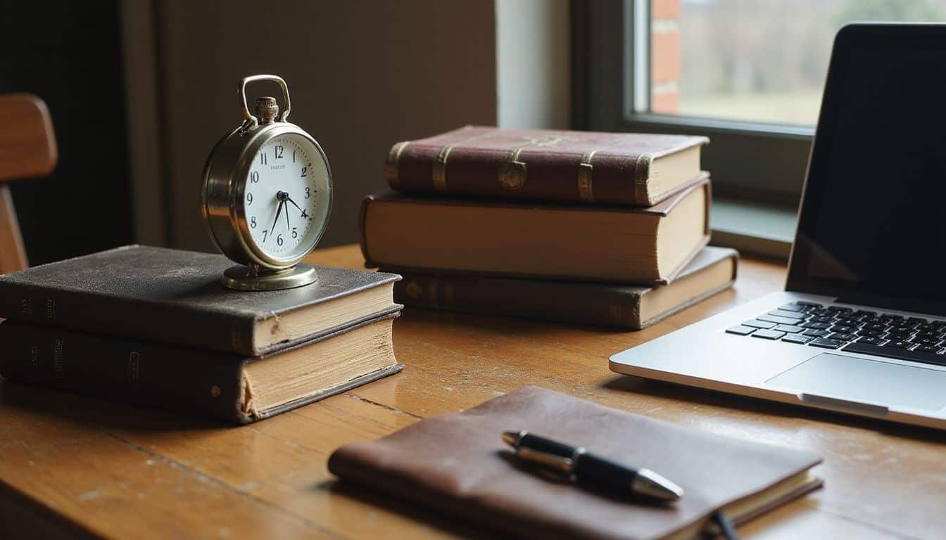 A well-organized wooden desk with a clock, books, laptop, and planner in a cozy home office. A well-organized wooden desk with a clock, books, laptop, and planner in a cozy home office.