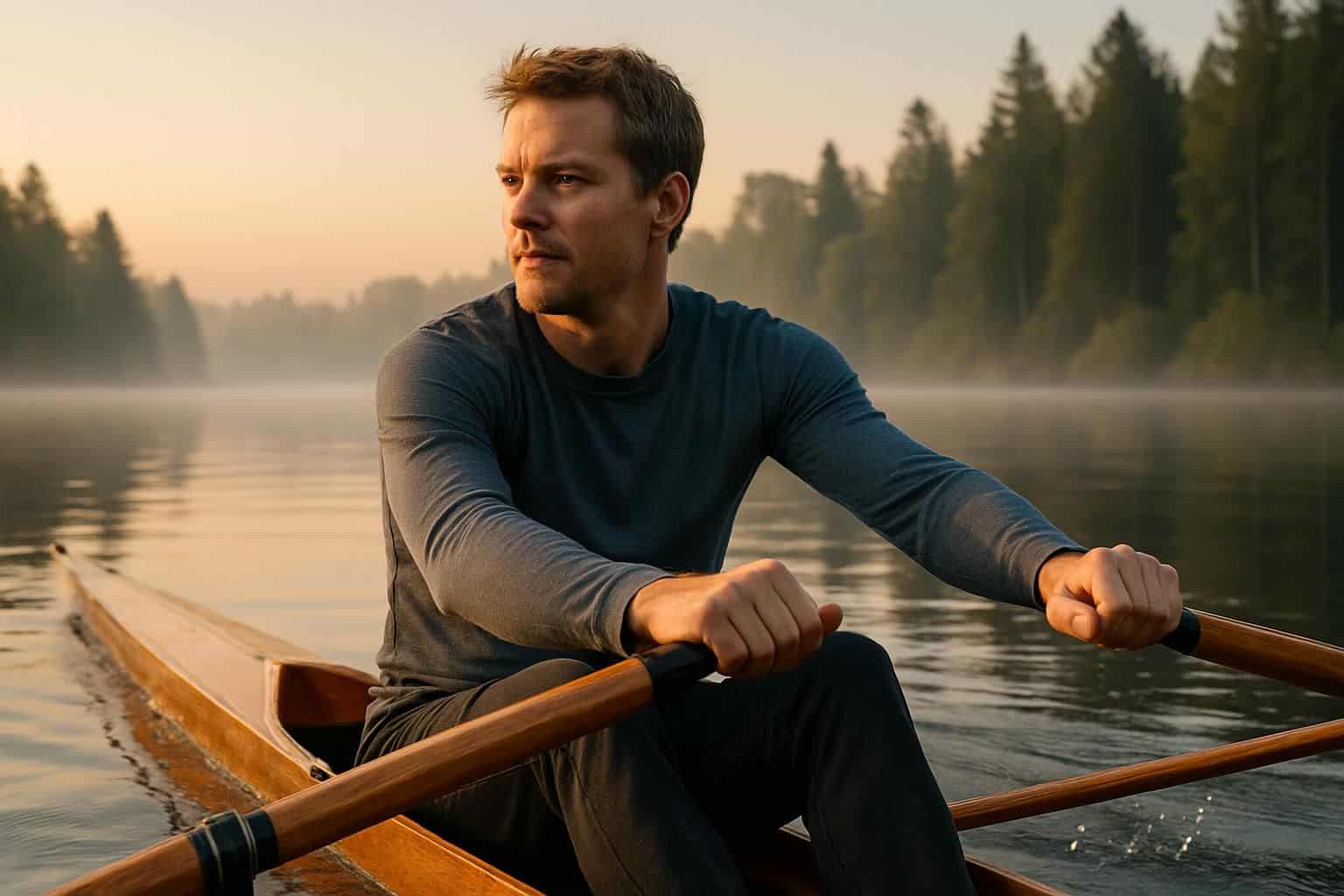 A man rows a wooden scull on a serene lake at dawn. A man rows a wooden scull on a serene lake at dawn.