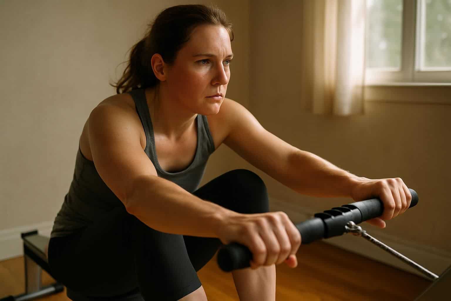 A woman in her 30s is intensely working out on a rowing machine in a home gym. A woman in her 30s is intensely working out on a rowing machine in a home gym.