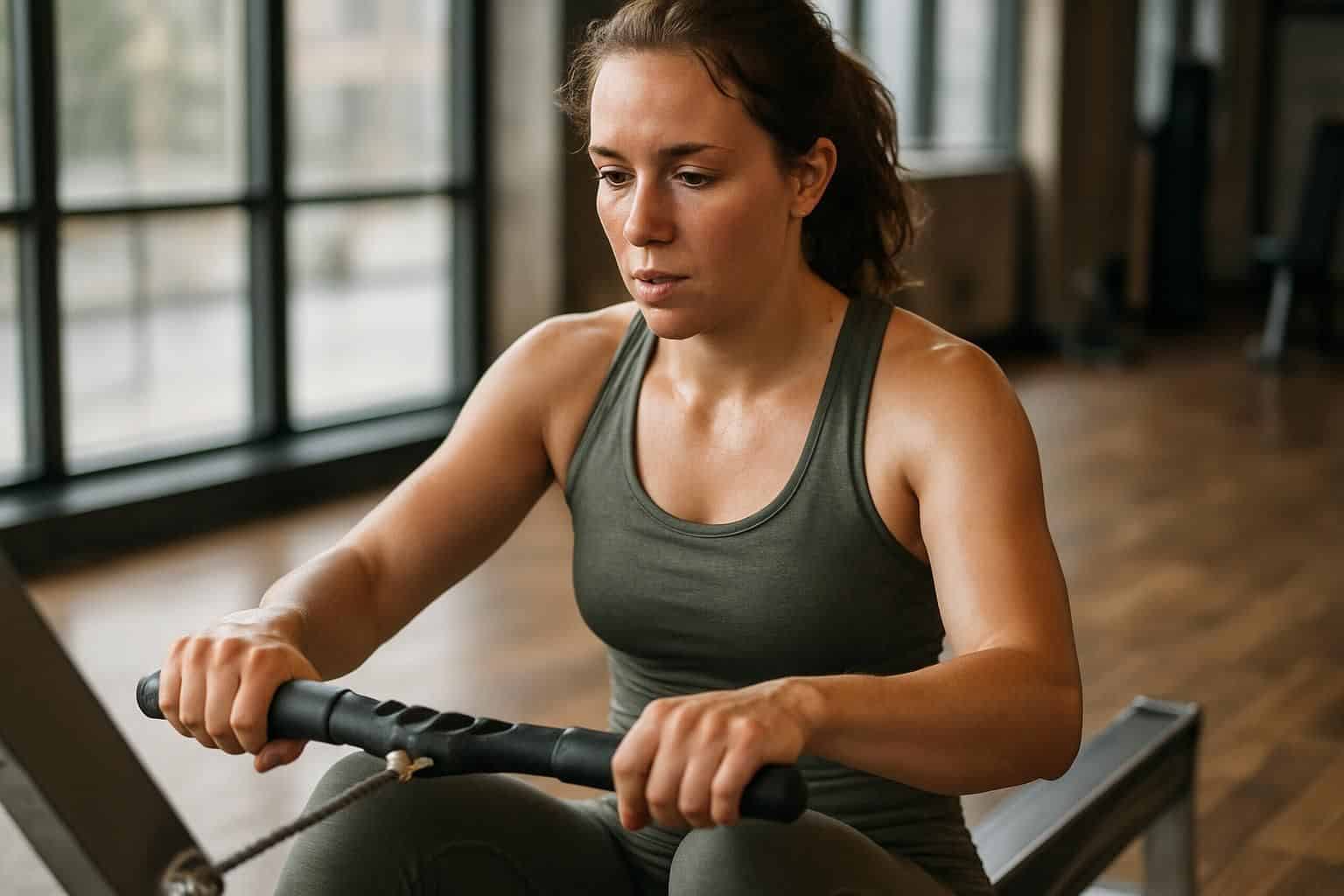 A woman in her 30s works out on a rowing machine in a gym. A woman in her 30s works out on a rowing machine in a gym.