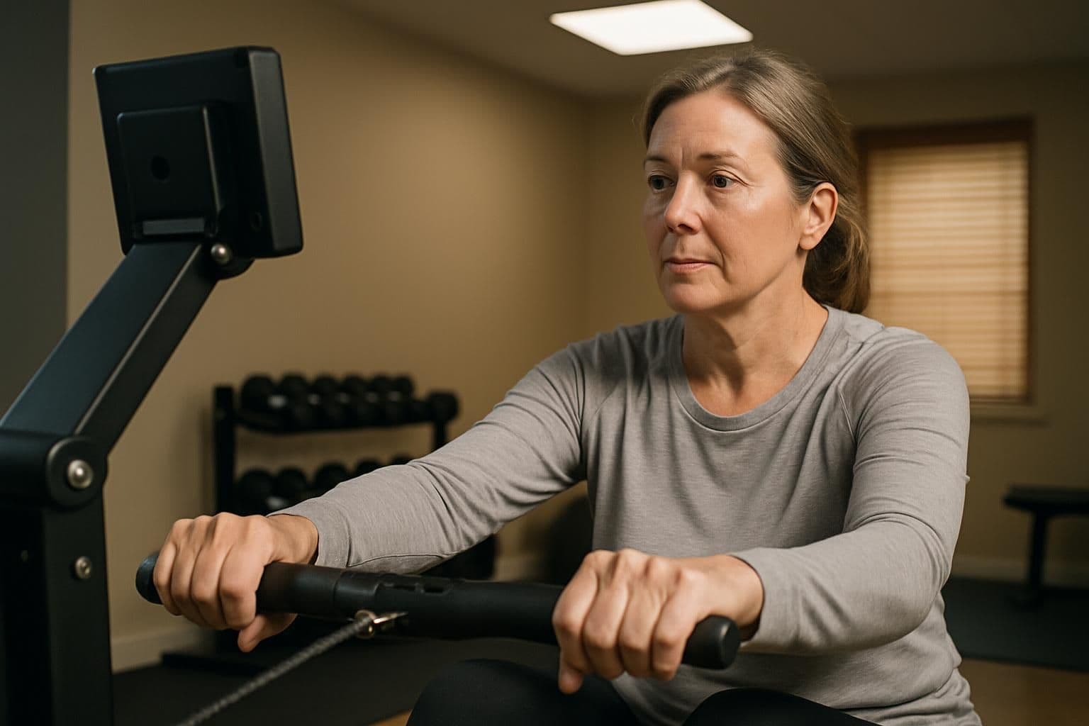 A woman in her 50s is exercising on a sleek rowing machine in a home gym. A woman in her 50s is exercising on a sleek rowing machine in a home gym.