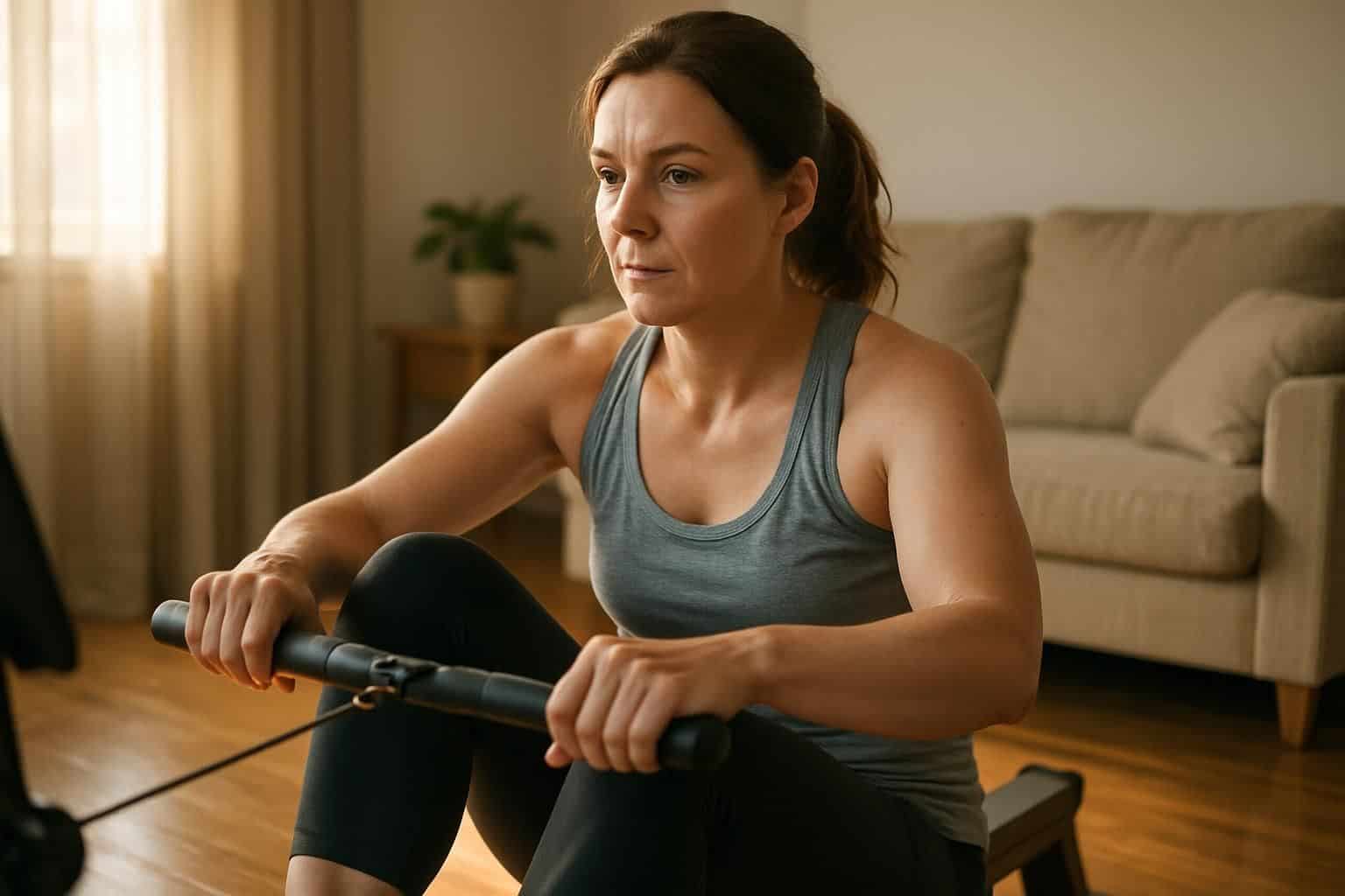 A woman in her 30s exercises with a rowing machine in a cozy living room. A woman in her 30s exercises with a rowing machine in a cozy living room.