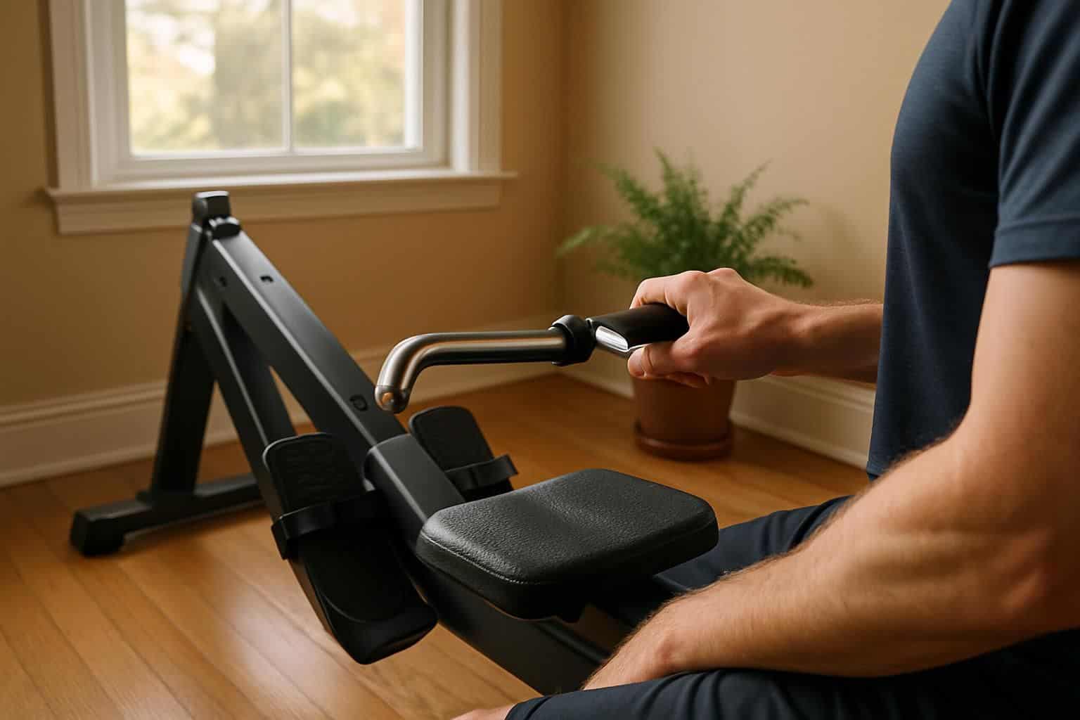 A sleek rowing machine in a home gym corner, with a potted plant and natural light. A sleek rowing machine in a home gym corner, with a potted plant and natural light.