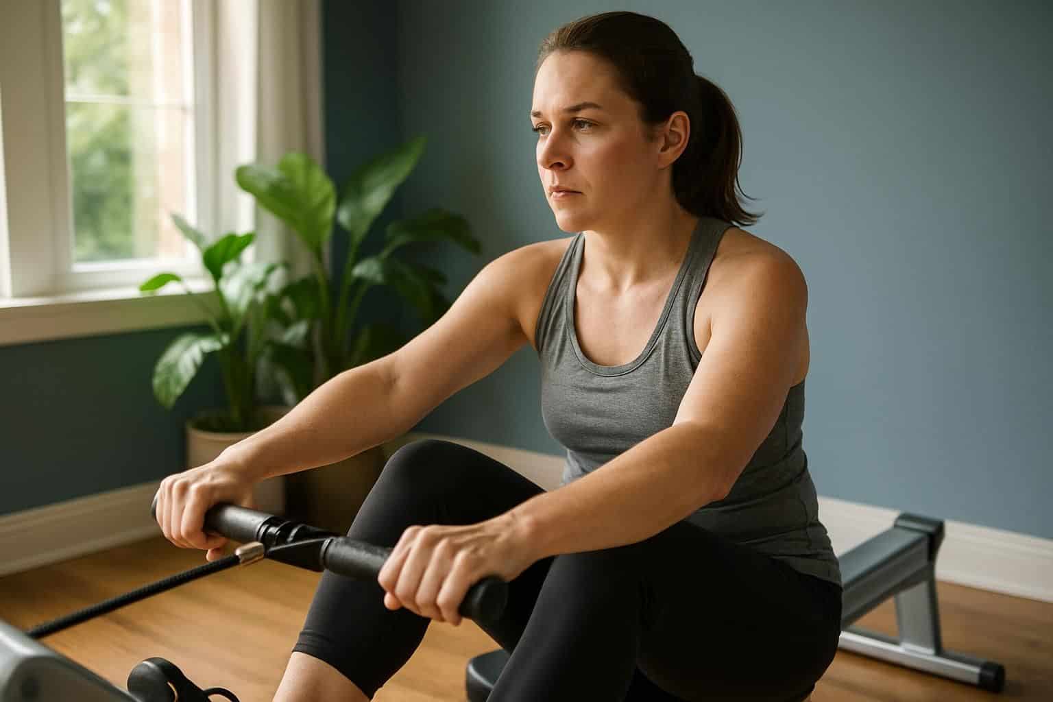 A woman in her mid-30s exercises on a rowing machine in a sunlit home gym. A woman in her mid-30s exercises on a rowing machine in a sunlit home gym.