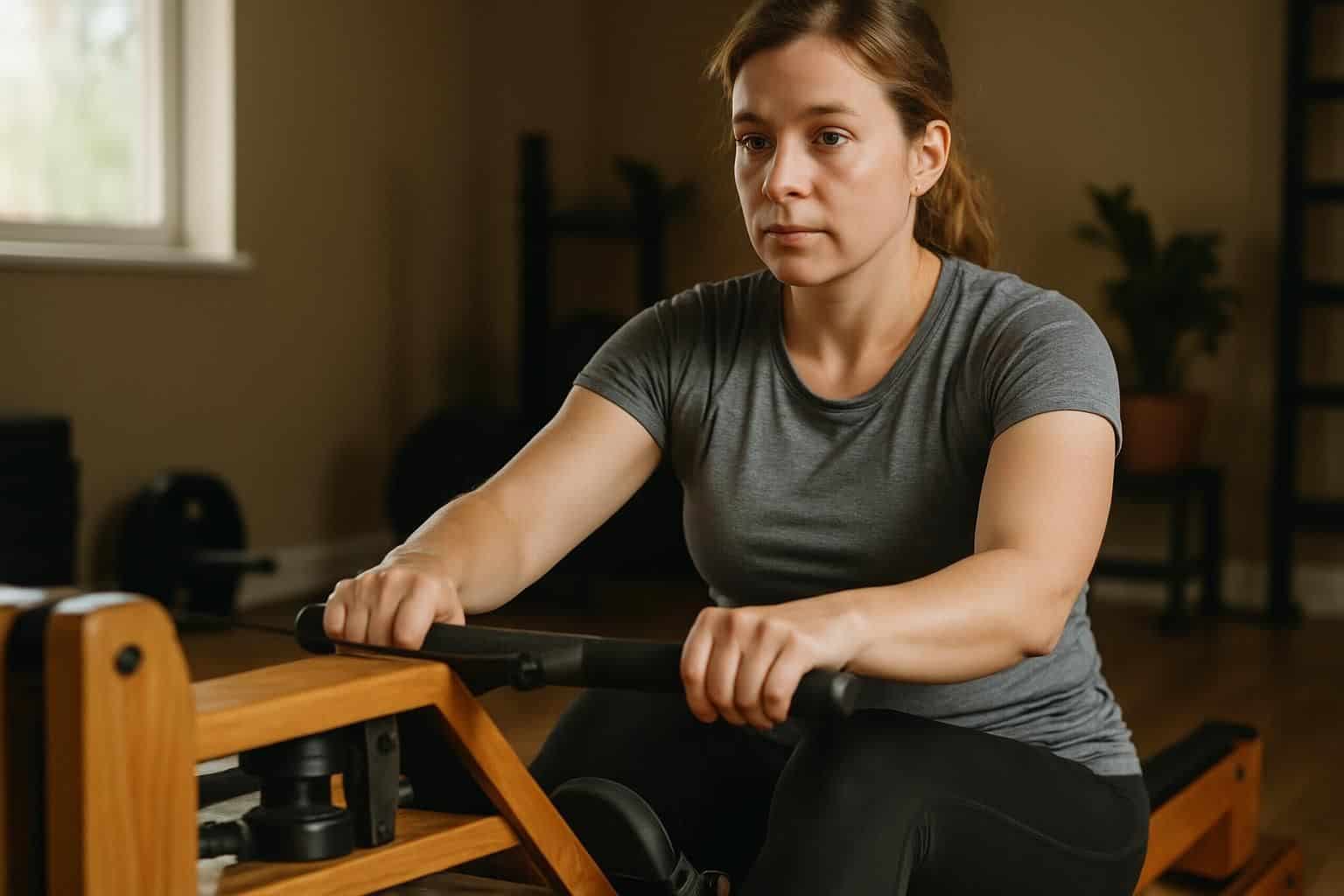 A determined woman in her 30s is using a wooden rowing machine in a cozy home gym. A determined woman in her 30s is using a wooden rowing machine in a cozy home gym.