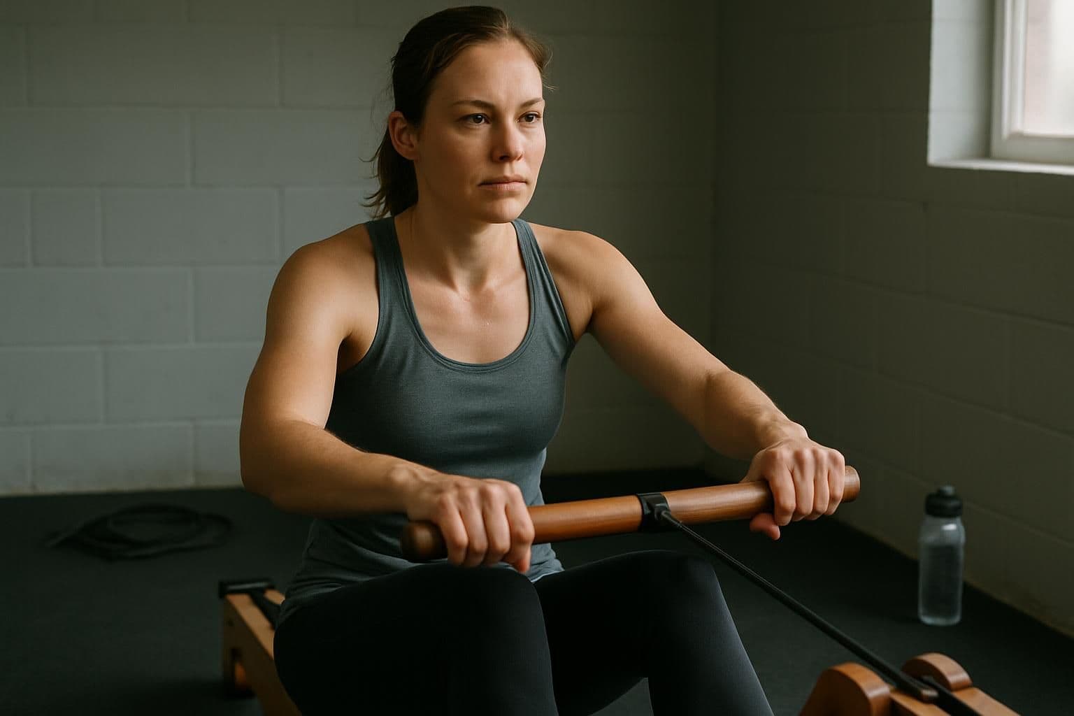 A woman in her 30s engages in a focused rowing workout in her home gym. A woman in her 30s engages in a focused rowing workout in her home gym.