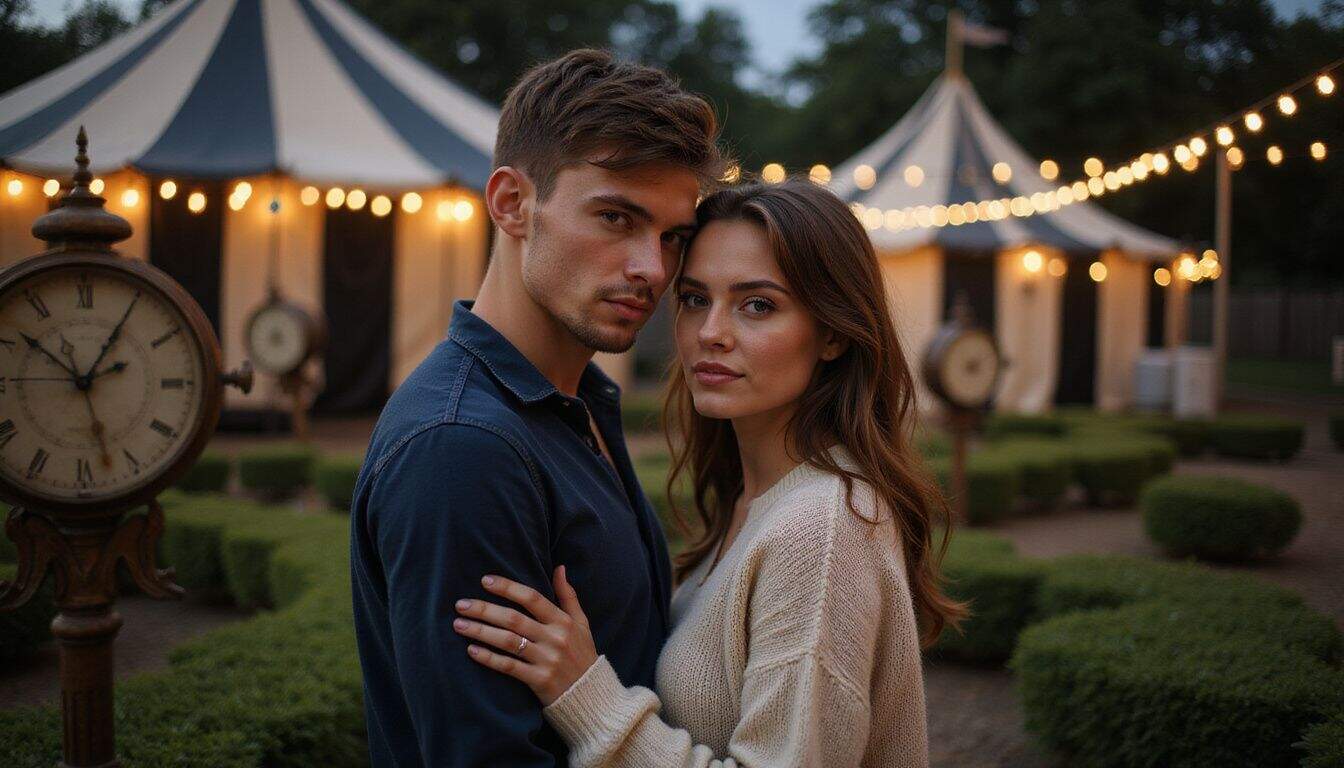 A young couple stands in an intimate embrace in a nighttime circus setting, with a serious and contemplative expression on their faces. A young couple stands in an intimate embrace in a nighttime circus setting, with a serious and contemplative expression on their faces.