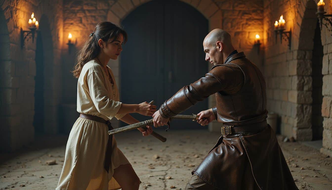 A young woman faces off against a vampire warrior in a dimly lit stone arena. A young woman faces off against a vampire warrior in a dimly lit stone arena.