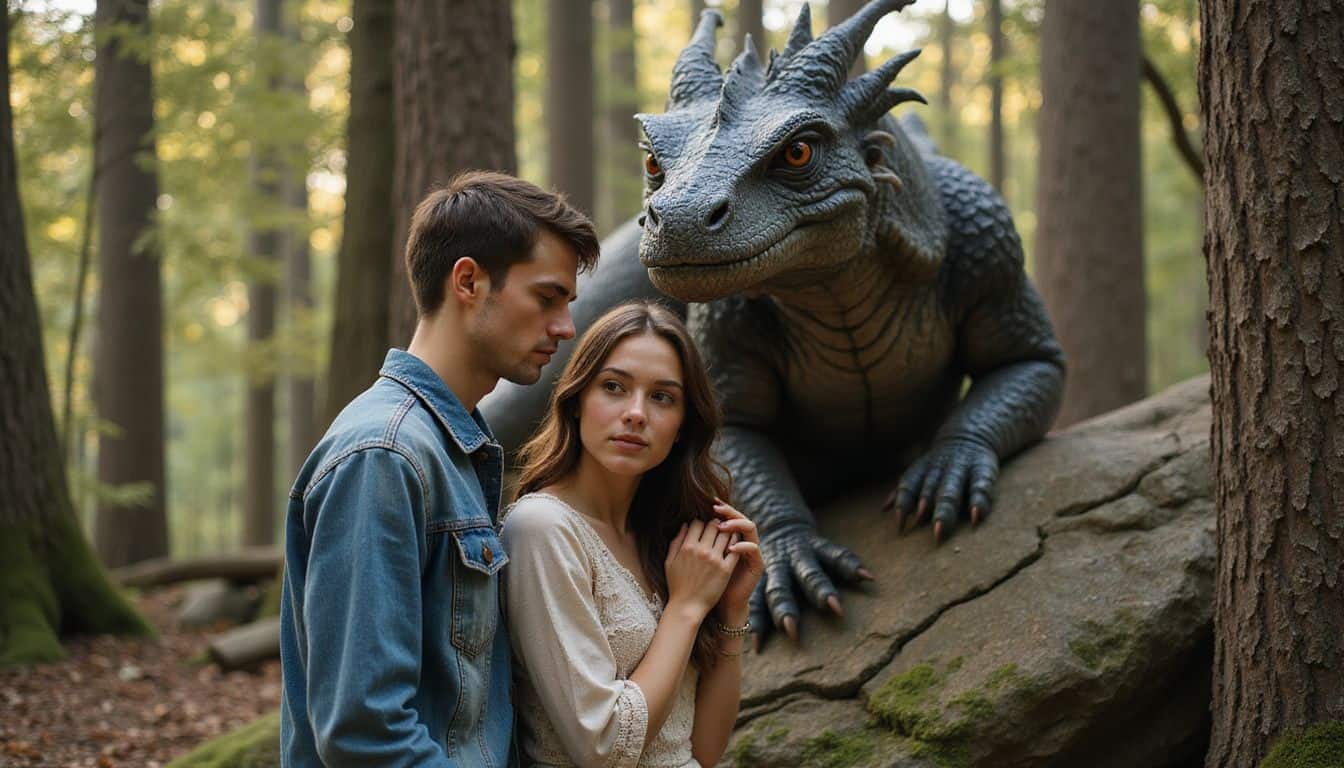 A young couple embraces tenderly in a forest with a majestic dragon perched nearby. A young couple embraces tenderly in a forest with a majestic dragon perched nearby.