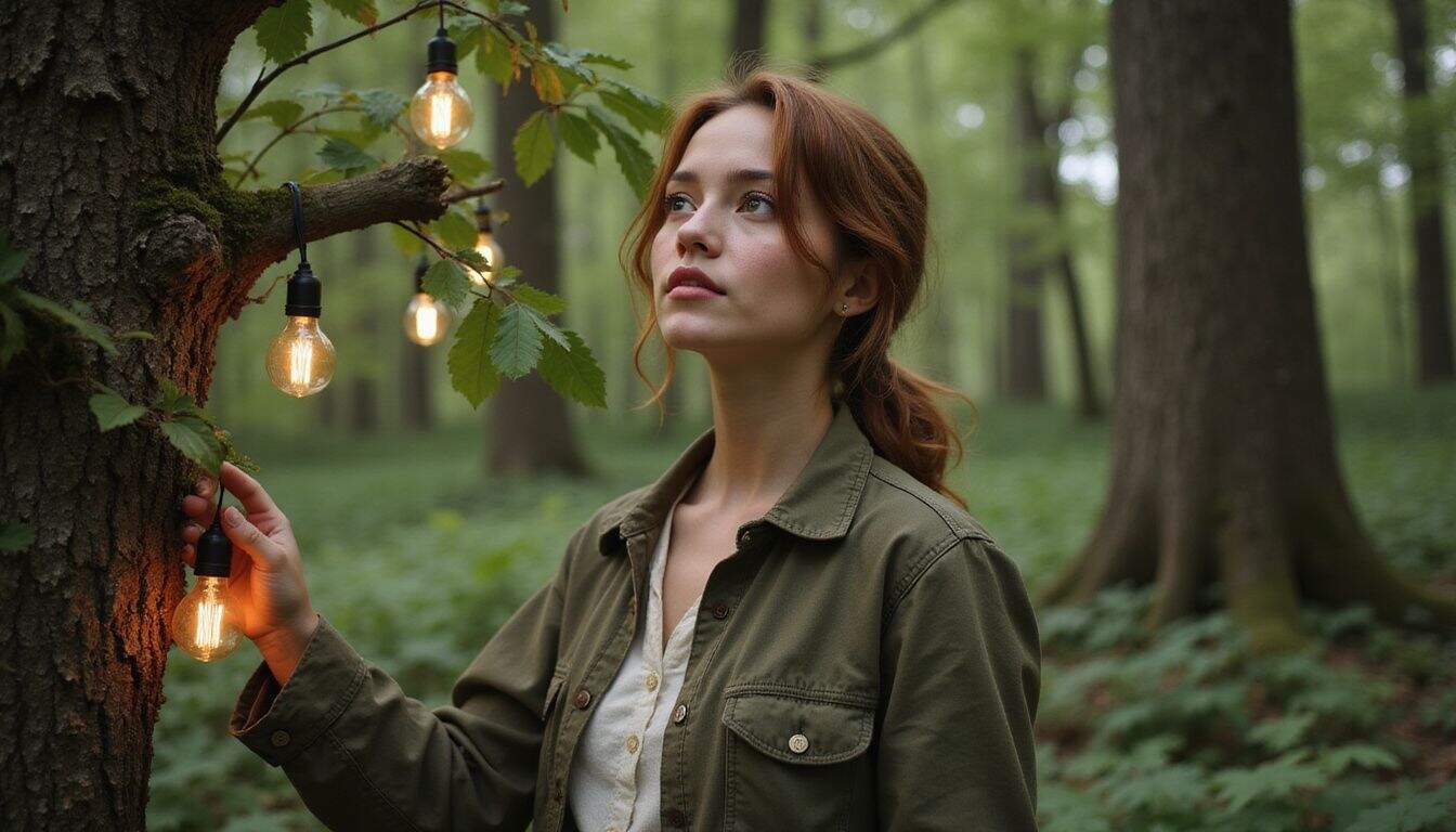 A young woman stands in a forest, wearing a green jacket and looking up in wonder. A young woman stands in a forest, wearing a green jacket and looking up in wonder.