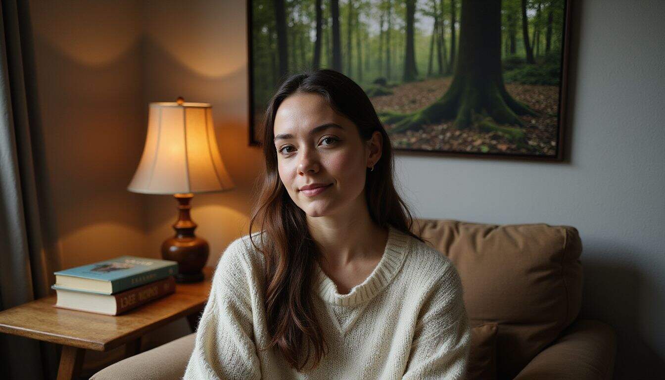 A young woman sitting in a warmly lit room surrounded by books and cozy furniture. A young woman sitting in a warmly lit room surrounded by books and cozy furniture.