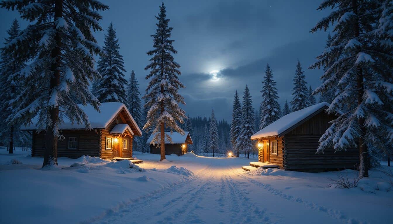 A remote Scandinavian village at night, covered in freshly fallen snow, exudes a tranquil and cold ambiance. A remote Scandinavian village at night, covered in freshly fallen snow, exudes a tranquil and cold ambiance.