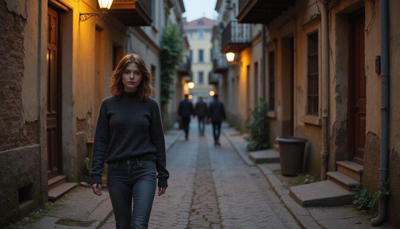 A young woman walks alone through a dim, atmospheric city street at dusk, surrounded by worn buildings and subtle urban decay. A young woman walks alone through a dim, atmospheric city street at dusk, surrounded by worn buildings and subtle urban decay.