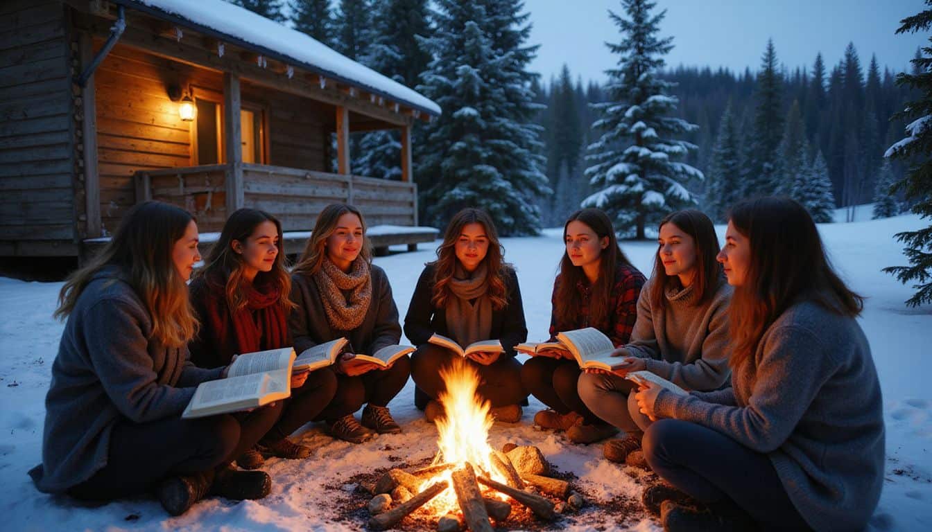 A group of young women gather around a campfire outside a wooden cabin in a snowy forest, reading and chatting. A group of young women gather around a campfire outside a wooden cabin in a snowy forest, reading and chatting.