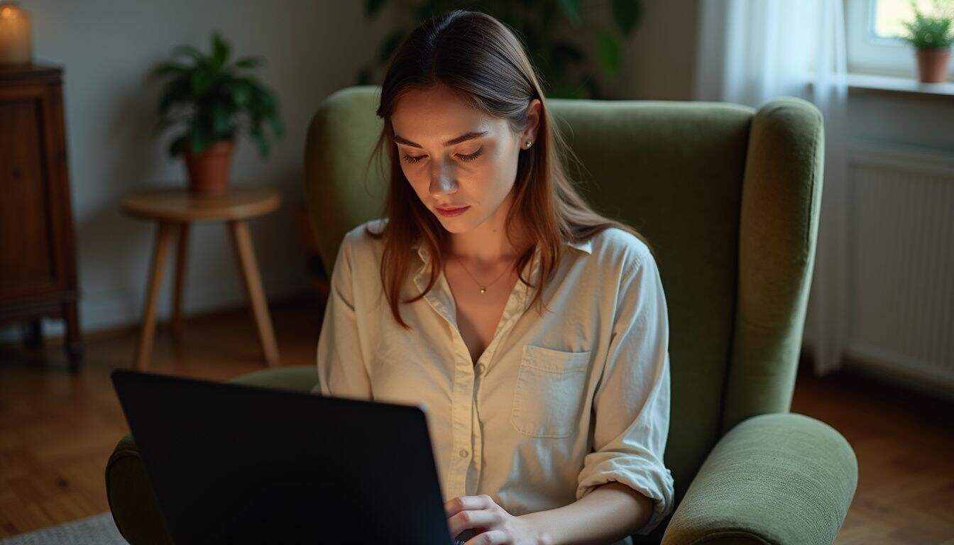 A woman in her 20s sits on a chair with a laptop in her lap, looking thoughtful. A woman in her 20s sits on a chair with a laptop in her lap, looking thoughtful.
