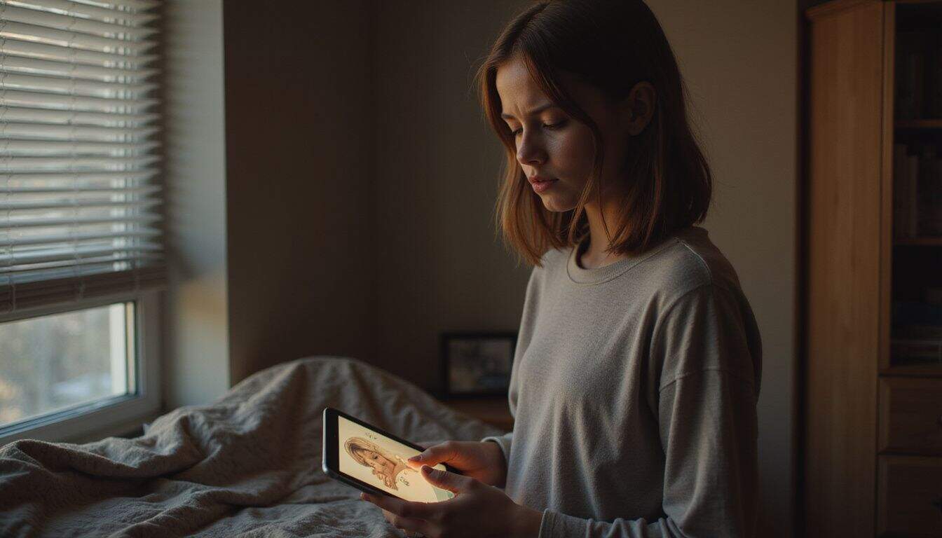 A teenage girl stands in a sparsely furnished bedroom, looking unsure while holding a tablet with a provocative illustration. A teenage girl stands in a sparsely furnished bedroom, looking unsure while holding a tablet with a provocative illustration.