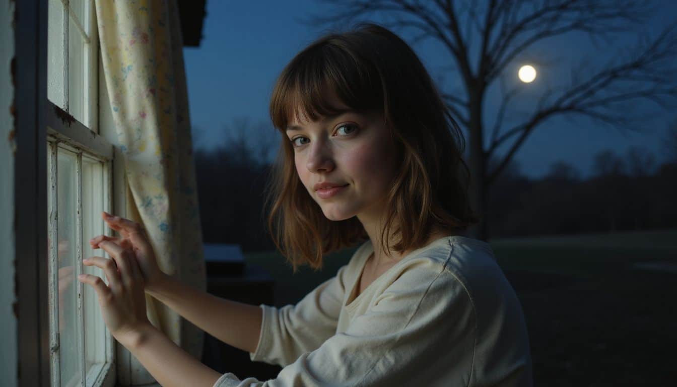 A teenage girl with a mischievous smile climbs out of her bedroom window at night. A teenage girl with a mischievous smile climbs out of her bedroom window at night.