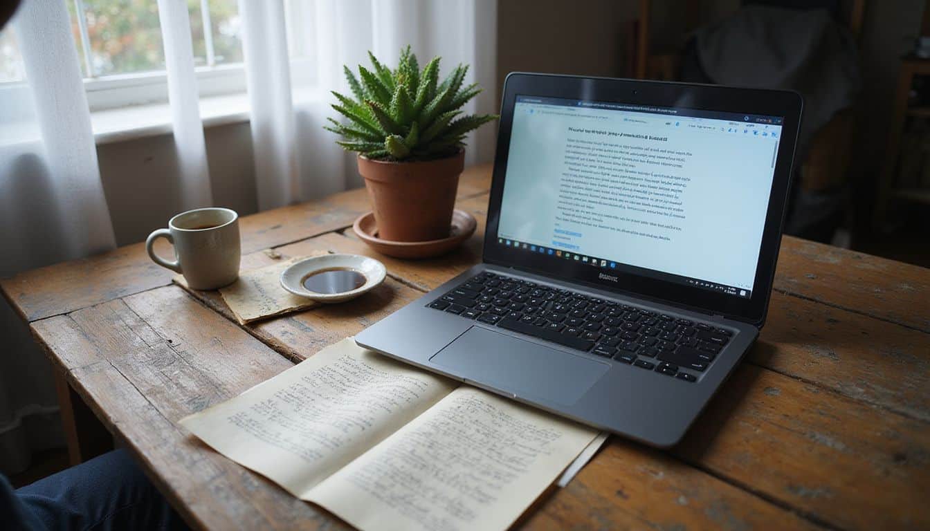 A cluttered writer's desk with papers, laptop, coffee mug, and potted plant. A cluttered writer's desk with papers, laptop, coffee mug, and potted plant.