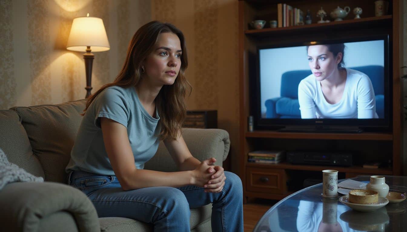 A young woman in casual clothing sits on a sofa watching TV in a modest living room. A young woman in casual clothing sits on a sofa watching TV in a modest living room.