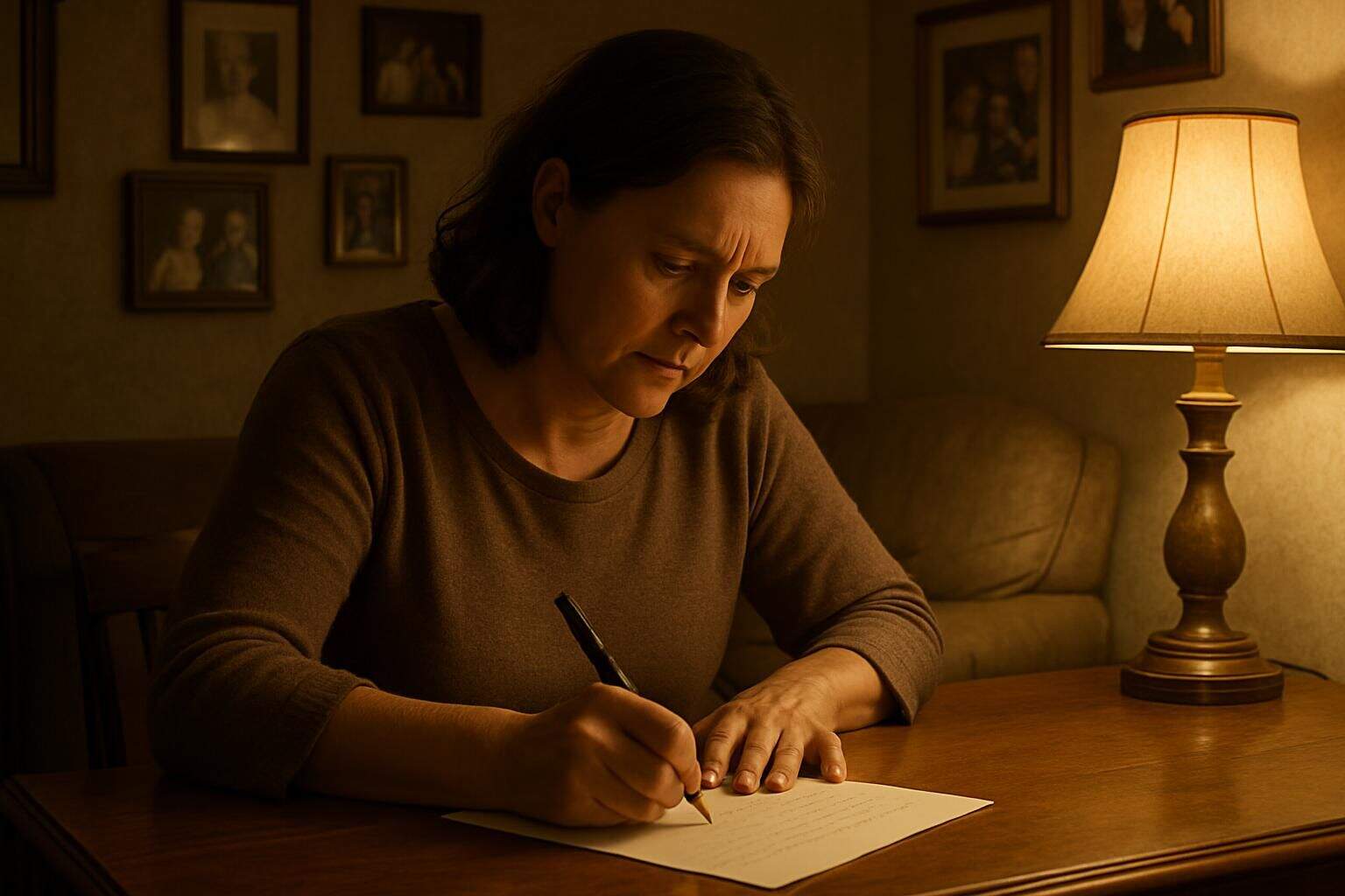 A woman writes a heartfelt letter at a wooden desk in a cozy, intimate room. A woman writes a heartfelt letter at a wooden desk in a cozy, intimate room.