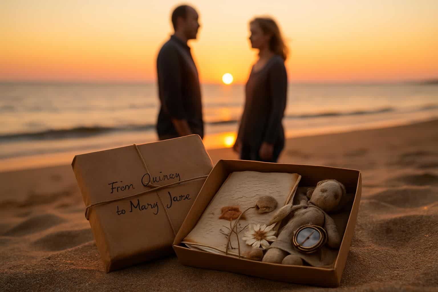 A weathered care package on a sandy beach contains childhood keepsakes, with Quincy and Mary Jane in the background. A weathered care package on a sandy beach contains childhood keepsakes, with Quincy and Mary Jane in the background.