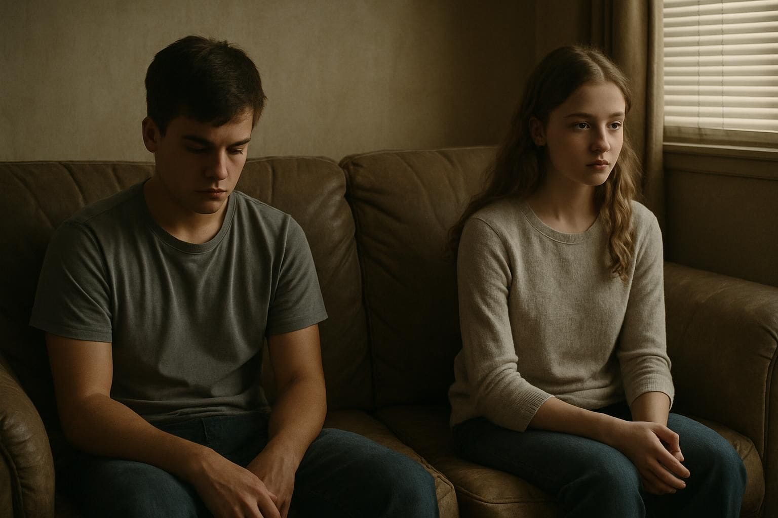 Two teenagers sit on a worn couch in a dimly lit room, displaying tense body language. Two teenagers sit on a worn couch in a dimly lit room, displaying tense body language.