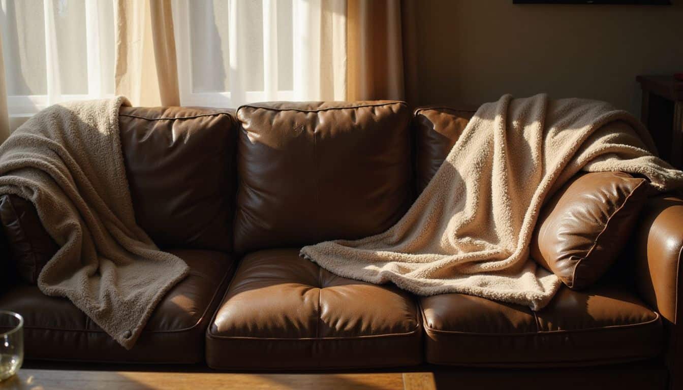 A cozy living room with a worn leather sofa and draped blankets, capturing a moment of family intimacy. A cozy living room with a worn leather sofa and draped blankets, capturing a moment of family intimacy.