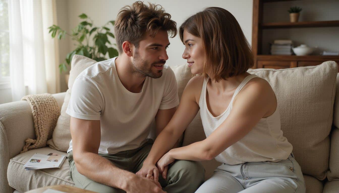 Two young adult siblings sit closely on a beige sofa, massaging each other's shoulders with genuine affection. Two young adult siblings sit closely on a beige sofa, massaging each other's shoulders with genuine affection.