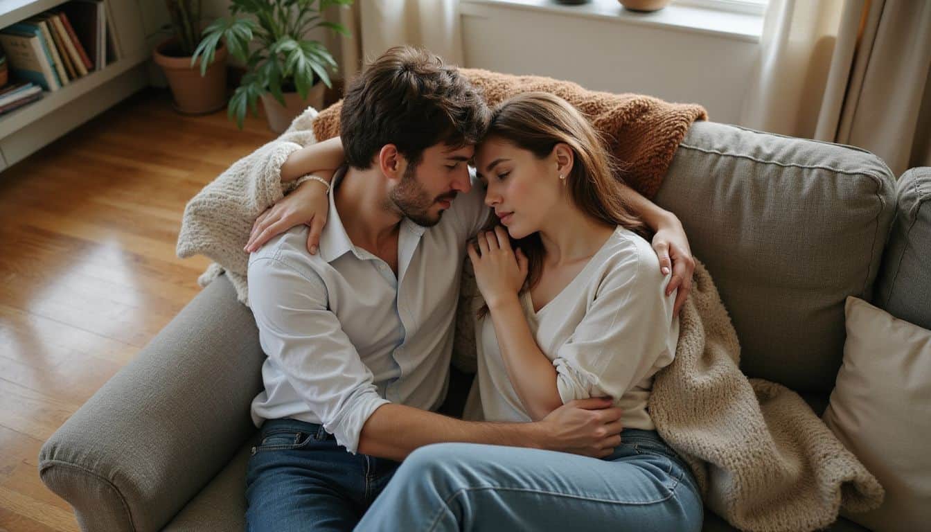 Two siblings sitting closely on a sofa, massaging each other's shoulders with warm, comforting intimacy. Two siblings sitting closely on a sofa, massaging each other's shoulders with warm, comforting intimacy.