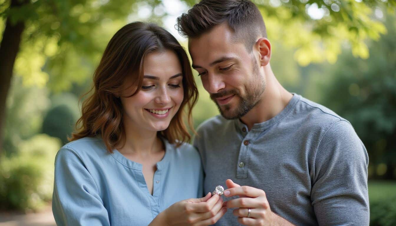 A couple in their 30s hold a lab-grown diamond ring with admiration in a garden. A couple in their 30s hold a lab-grown diamond ring with admiration in a garden.