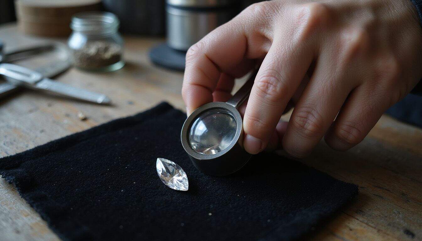 A jeweler inspects a flawless marquise-cut diamond with a silver loupe in a cluttered gem lab workspace. A jeweler inspects a flawless marquise-cut diamond with a silver loupe in a cluttered gem lab workspace.