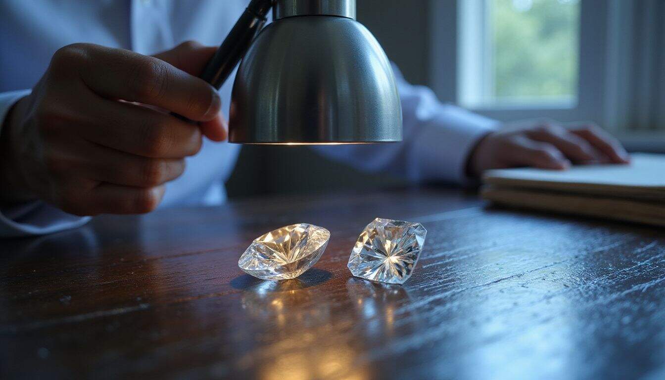 A close-up photo of a natural and lab-grown diamond under a UV lamp in a gemologist's office. A close-up photo of a natural and lab-grown diamond under a UV lamp in a gemologist's office.