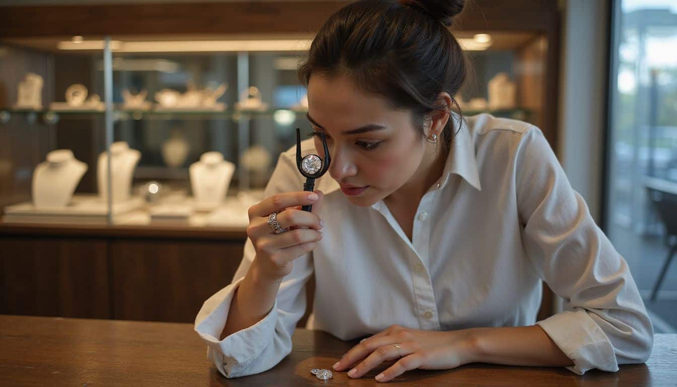 A woman examines a diamond with a jeweler’s loupe in a jewelry store. A woman examines a diamond with a jeweler’s loupe in a jewelry store.