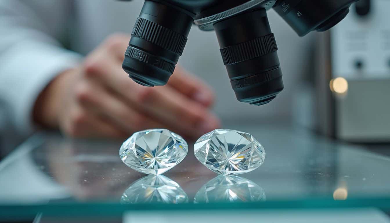 A close-up photo of a natural and lab-created diamond under a microscope in a materials science laboratory. A close-up photo of a natural and lab-created diamond under a microscope in a materials science laboratory.