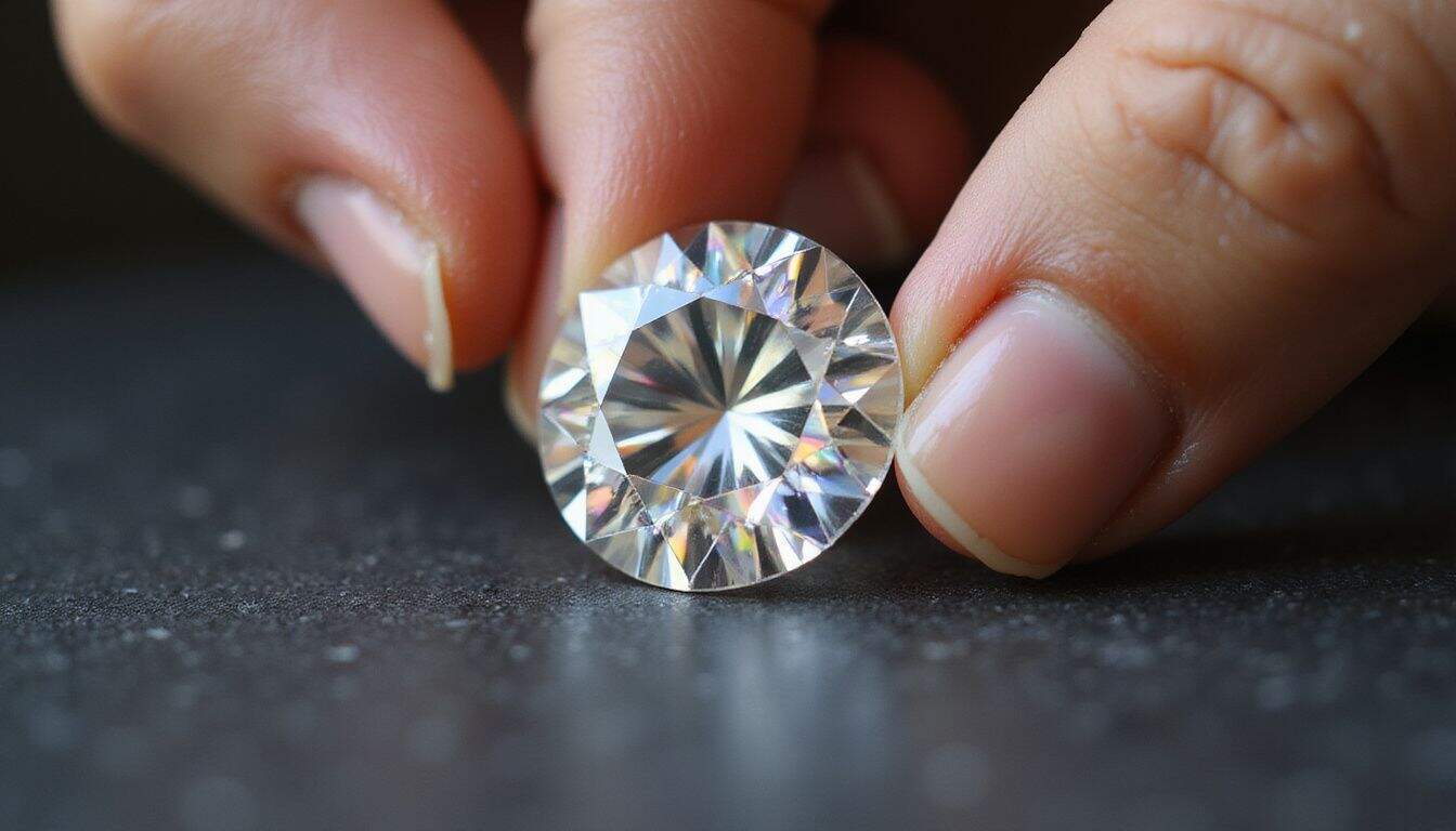 A close-up photo of a lab-grown diamond being held by a hand. A close-up photo of a lab-grown diamond being held by a hand.