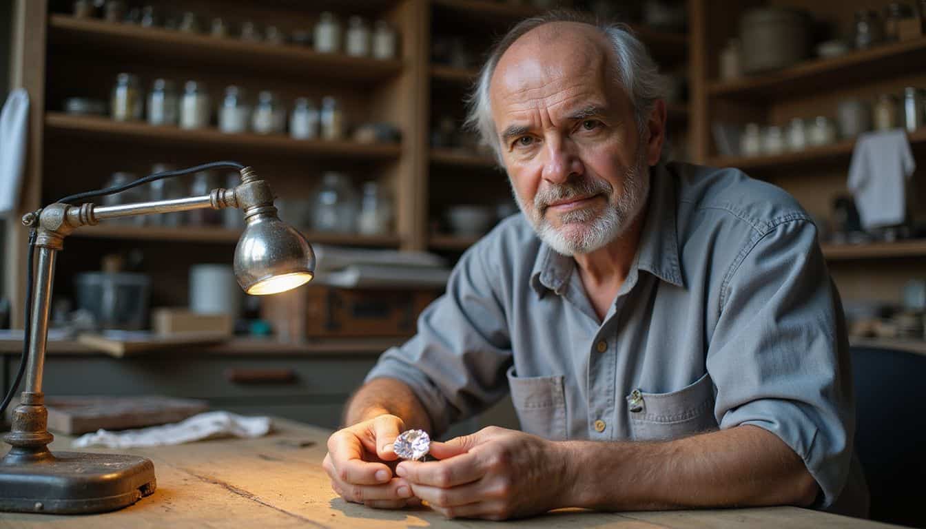 A middle-aged jeweler examining a sparkling diamond in a cluttered workshop. A middle-aged jeweler examining a sparkling diamond in a cluttered workshop.