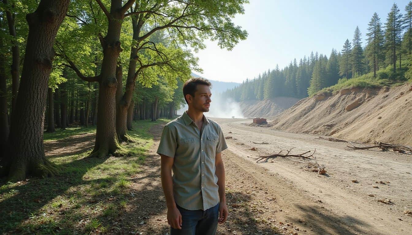 A person stands between a lush forest and a barren, environmentally damaged landscape. A person stands between a lush forest and a barren, environmentally damaged landscape.